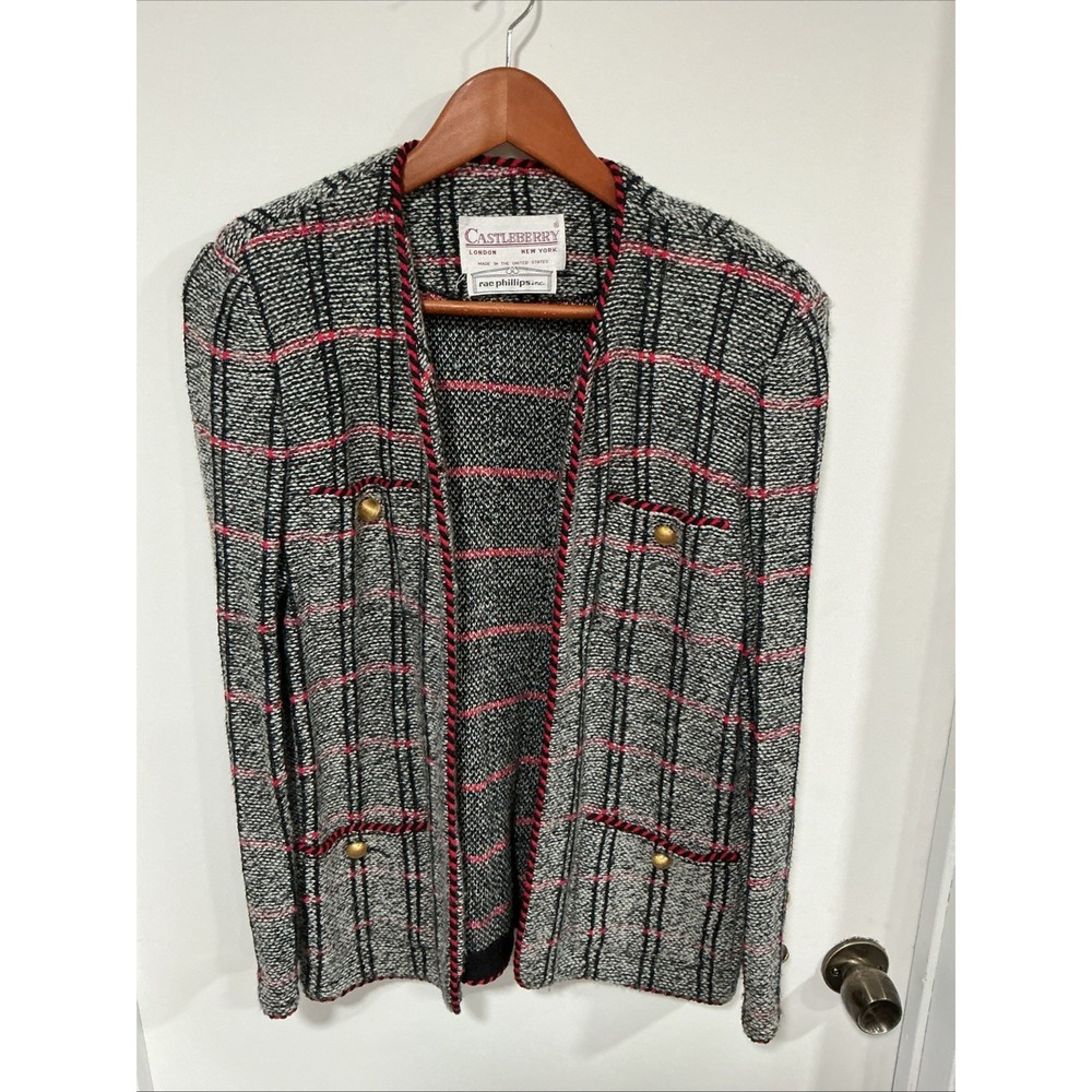 Castleberry Tweed Jacket, Black Plaid, Gold Hardware, M, USA VTG, Old Money